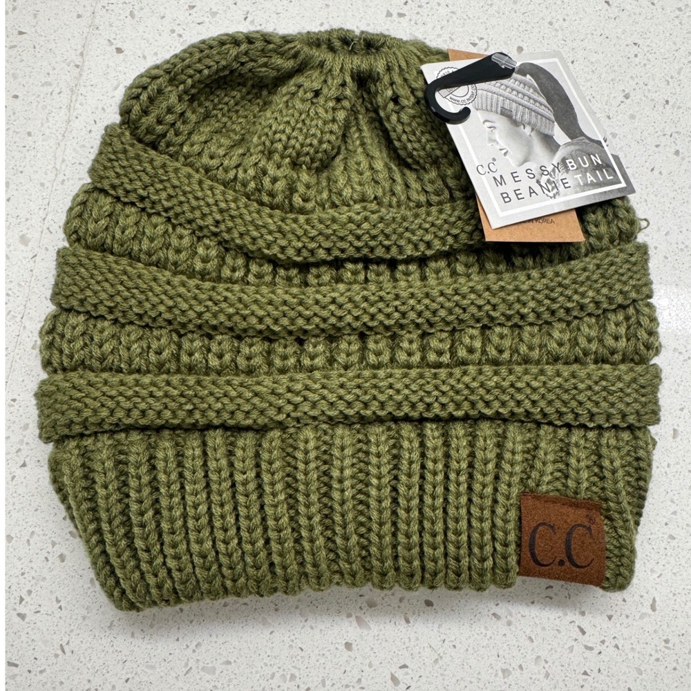 C.C Messy Bun Beanie Tail Women OS Olive Green New Ponytail Cable Knit Hat